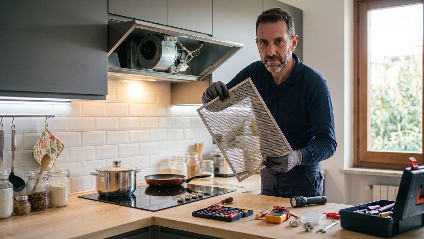 Tecnico mostra un filtro della cappa da cucina durante un intervento di manutenzione